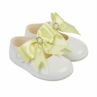 B060: Baby Girls Bow & Diamante Soft Soled Shoe-White/Lemon (Shoe Sizes: 0-3)